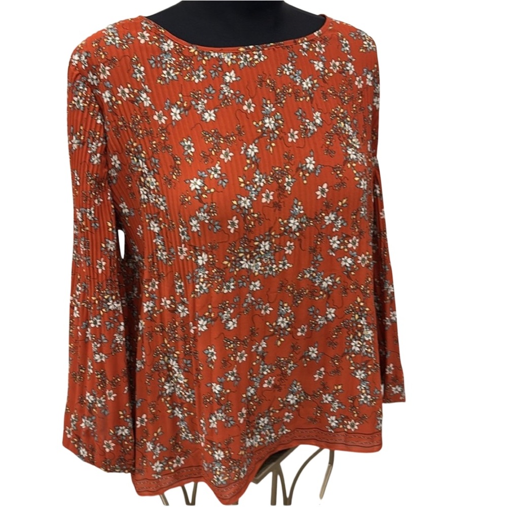 Max Studio Floral Patterned Blouse w Accordion Pleats Long Sleeve Top Small